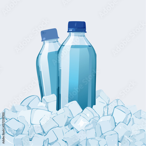 Cold water bottles resting on ice cubes