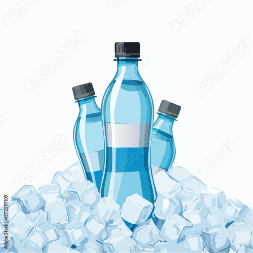 Cold water bottles resting on ice cubes