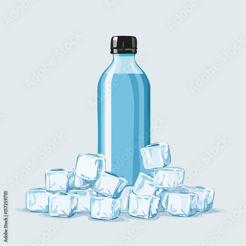 Cold water bottles resting on ice cubes