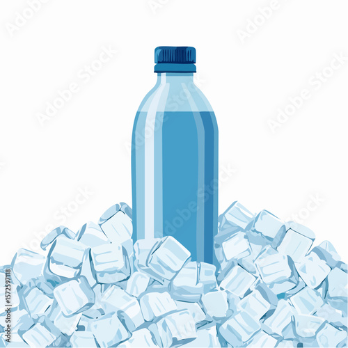 Cold water bottles resting on ice cubes