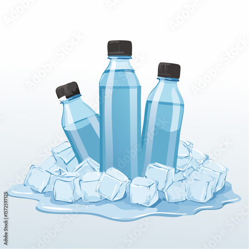 Cold water bottles resting on ice cubes