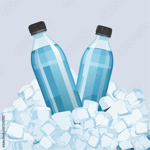 Cold water bottles resting on ice cubes