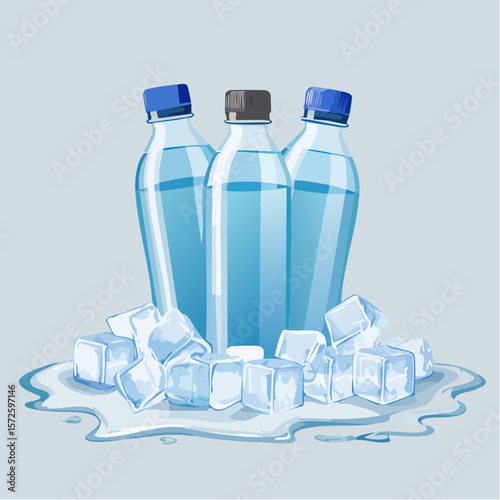 Cold water bottles resting on ice cubes