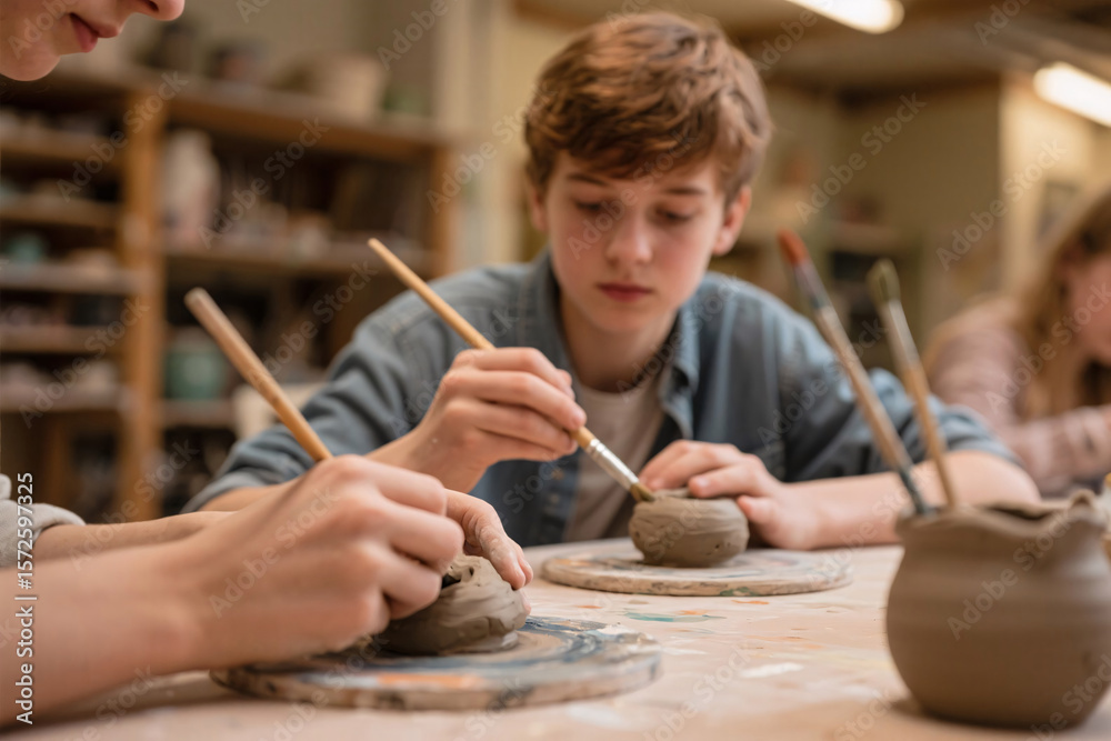 Obraz premium Teenagers focused on pottery and painting in cozy art studio, shaping clay and holding brushes, no digital devices, warm lighting, creative atmosphere, hands in sharp focus
