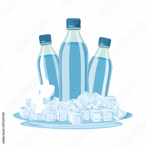 Cold water bottles resting on ice cubes