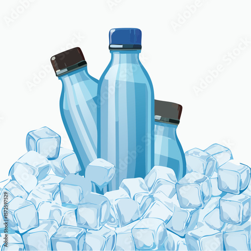 Cold water bottles resting on ice cubes