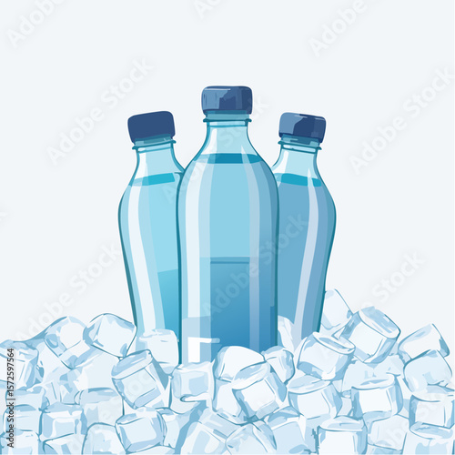 Cold water bottles resting on ice cubes