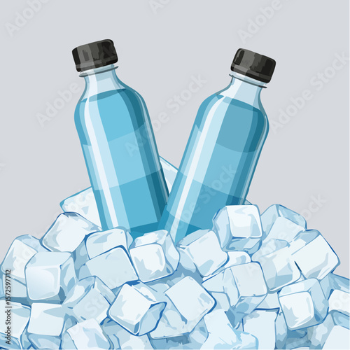 Cold water bottles resting on ice cubes