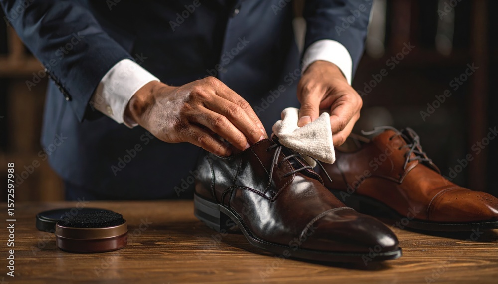 Fototapeta premium Man Polishing Brown Leather Oxfords