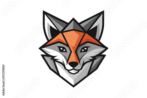 Geometrical fox emblem presents a modern animal face with orange and gray polygonal shapes
