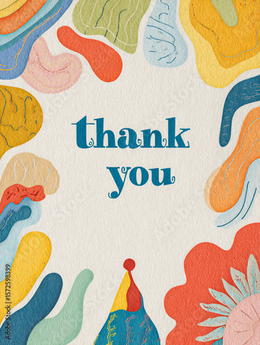 Colorful thank you card with abstract patterns and vibrant illustrations expressing gratitude and appreciation