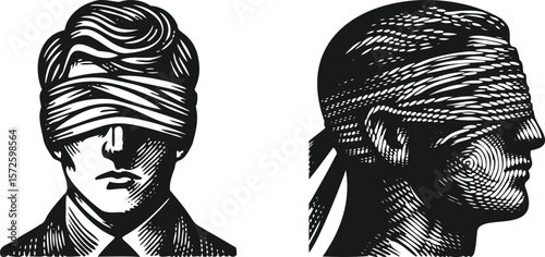  Black lined effect vector bundle of dark blindfolded man with abstract lines, intricate linear design, modern artistic silhouette, minimalistic style, graphic illustration for creative projects