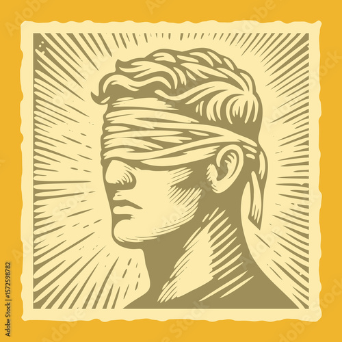  Vibrant color postal stamp vector of dark blindfolded man with abstract lines, modern art illustration, bold design, mysterious figure, dynamic linear patterns, creative concept