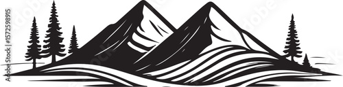 Mountain Landscape Silhouette – Snow-Capped Peaks, Pine Trees & Minimal Terrain Illustration for Nature-Themed Design