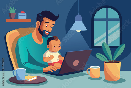 A happy father and baby are enjoying quality time together while using a laptop in a cozy home environment.
