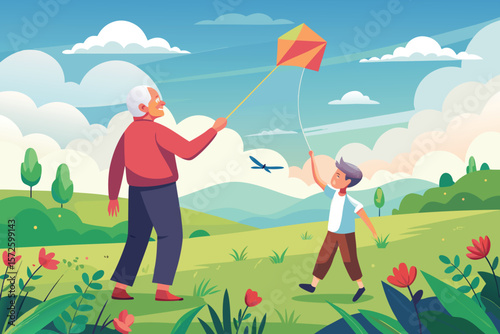 A joyful depiction of a grandfather and grandson flying a kite on a sunny day in a picturesque meadow