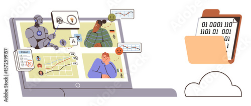 Laptop showing AI analyzing charts, multilingual tools, user responses. Binary data in a cloud folder. Ideal for technology, AI, analysis, remote work, communication innovation digital solutions