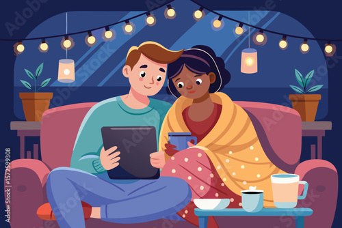 Couple relaxing together indoors watching content on a tablet cozy scene under string lights comfortable relationship illustration