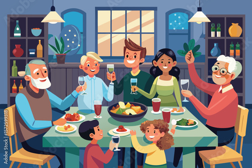 Family and friends gathering at a dinner party cheerful illustration depicting a festive celebration with diverse generations.