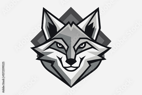 Stylized geometric wolf face art appears against a modern gray gradient backdrop
