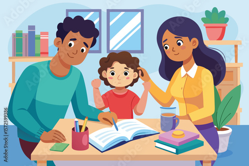 Family enjoying together at home a visual depiction of parents assisting their child with homework lessons and studies in a heartwarming illustration