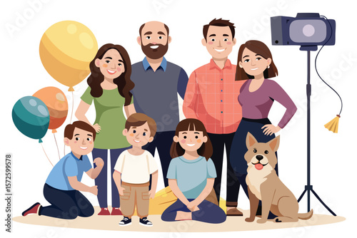 Illustration of a happy family with their dog, balloons, and studio lighting ready for a family portrait session