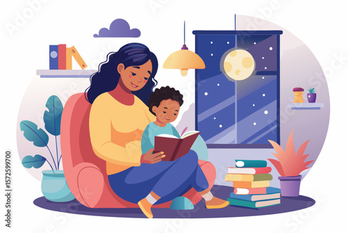Mother and son reading a book together in a cozy living room with a night sky and lunar glow.