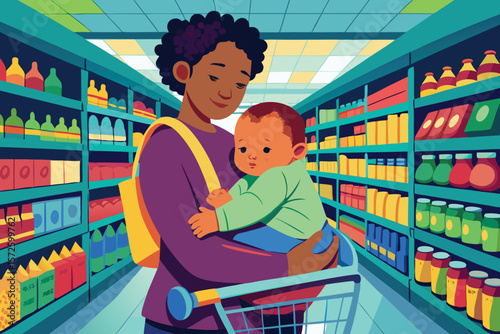 Mother carrying baby while shopping in a grocery store depicting family and consumerism in a vibrant illustration