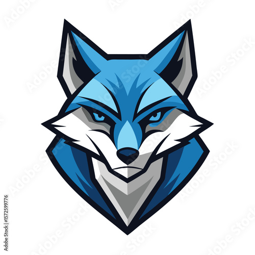 Slika na platnu Stylized blue wolf head glares intensely with penetrating eyes against a white b