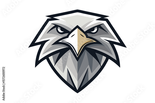 Stylized grey eagle head stares intently with sharp feathers and beak facing forward