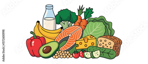  Assortment of healthy foods including fruits vegetables fish and dairy