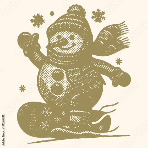  Vibrant color postal stamp halftone vector featuring a snowman snowboarding, dynamic winter sports design, colorful fun illustration perfect for holiday, winter, sport, and outdoor themes