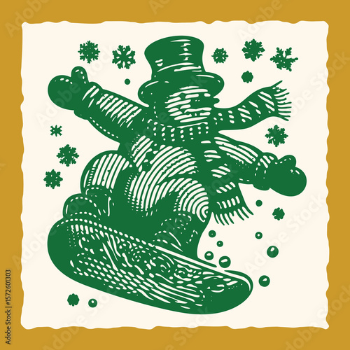  Vibrant colorful postal stamp style lined vector of green snowman snowboarding winter sport fun holiday season outdoor activity mountain snow extreme adventure cartoon design