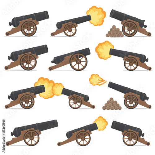 Cartoon Cannons Firing in Different Stages