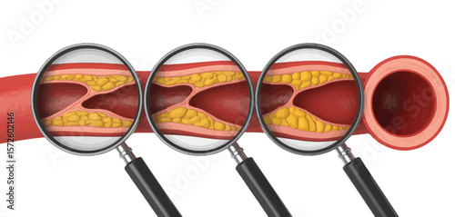  Illustration of atherosclerosis and arterial plaque buildup magnified