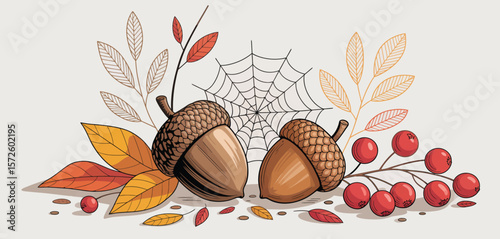 Autumnal Acrons and Berries with Leaves and Web