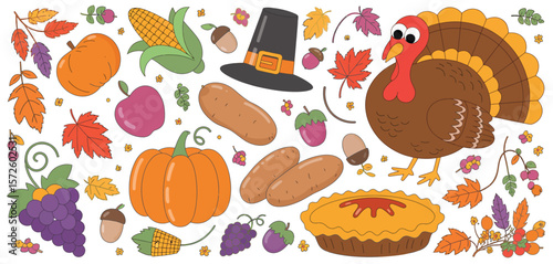 Thanksgiving Harvest Illustration with Turkey, Pumpkins, and Pie