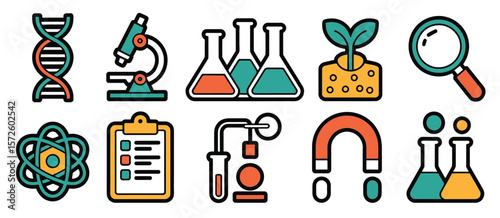  Collection of science icons featuring dna microscope flasks plant growth magnet and more