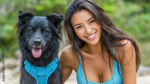 Young woman with black dog enjoying outdoor moment
