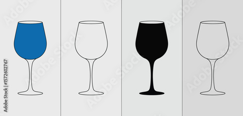 Four wine glasses in a row one filled with blue liquid one black silhouette and two empty outlines