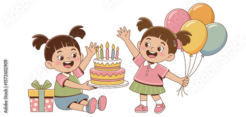 Two Happy Little Girls Celebrating Birthday