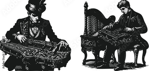  Monochrome lined effect black vector bundle featuring man in vintage attire playing ornate instrument, classic retro style, detailed hand-drawn design, elegant musician silhouette illustration