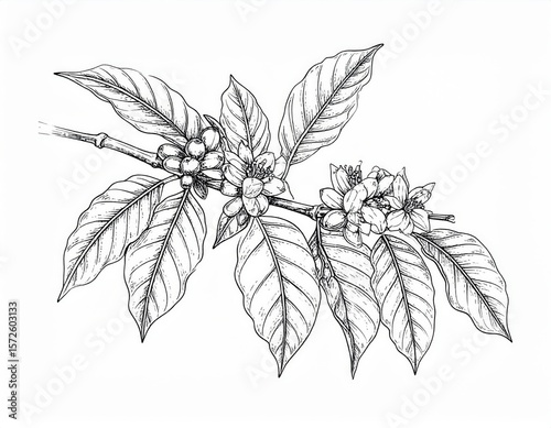 Detailed Black And White Coffee Plant Illustration