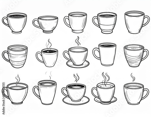 Collection Of Outline Coffee Cups And Mugs