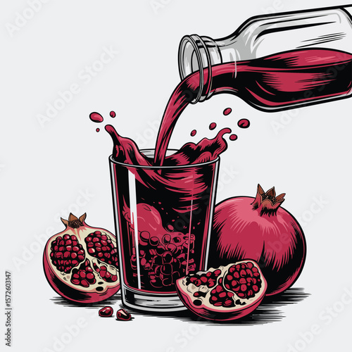  Fresh pomegranate juice being poured into a glass with whole and halved pomegranates