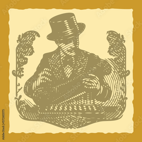  Vibrant color postal stamp vector featuring man in vintage attire playing ornate musical instrument, detailed lined style, classic retro design, elegant old-fashioned character illustration