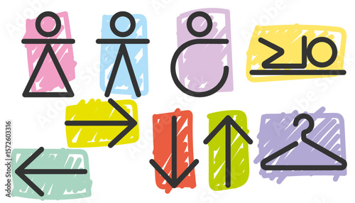 Set of colored icons for restroom signs in children's cafes, recreation areas and entertainment for children. Includes symbols for wheelchair access, men's and women's restrooms. Vector EPS10