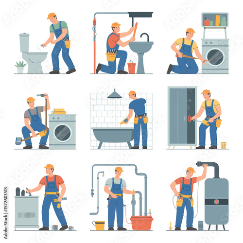  Plumber Services Illustration Set in Bathroom and Laundry Room