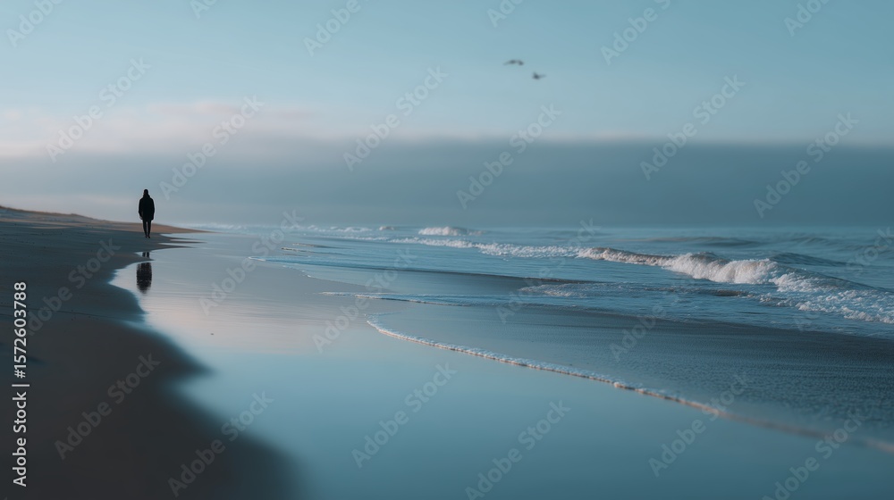 Fototapeta premium Solitary figure walking along a tranquil beach at dawn with gentle waves lapping at the shore