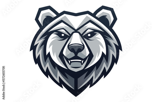 Striking bear head presents intimidating teeth in a stylized, gray monotone mascot design